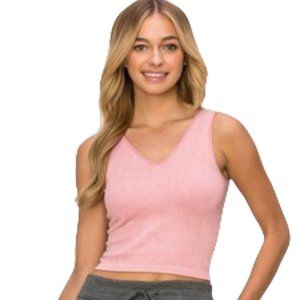 Fitted seamless, sleeveless reversible stone washed ribbed tank-Dusty Rose